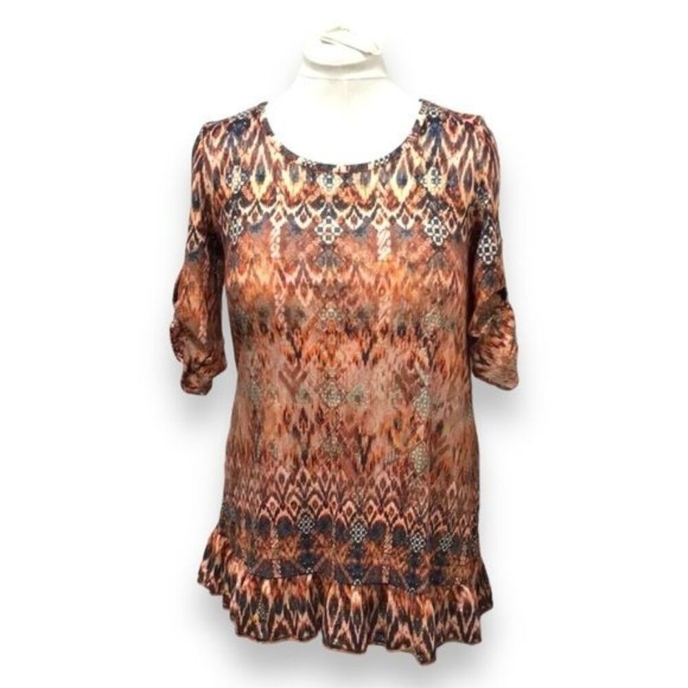 Song n Spirit Women’s Long Roll-tab Sleeve Round Neck Tunic, Orange, size S
